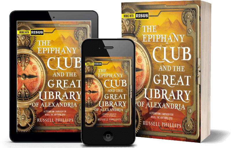 Tablet, phone, and paperback copies of The Epiphany Club and the Great Library of Alexandria by Russell Phillips. The book cover has a large ornate compass on the left, with the title and author name to the right. The background is a desert scene with pyramids.