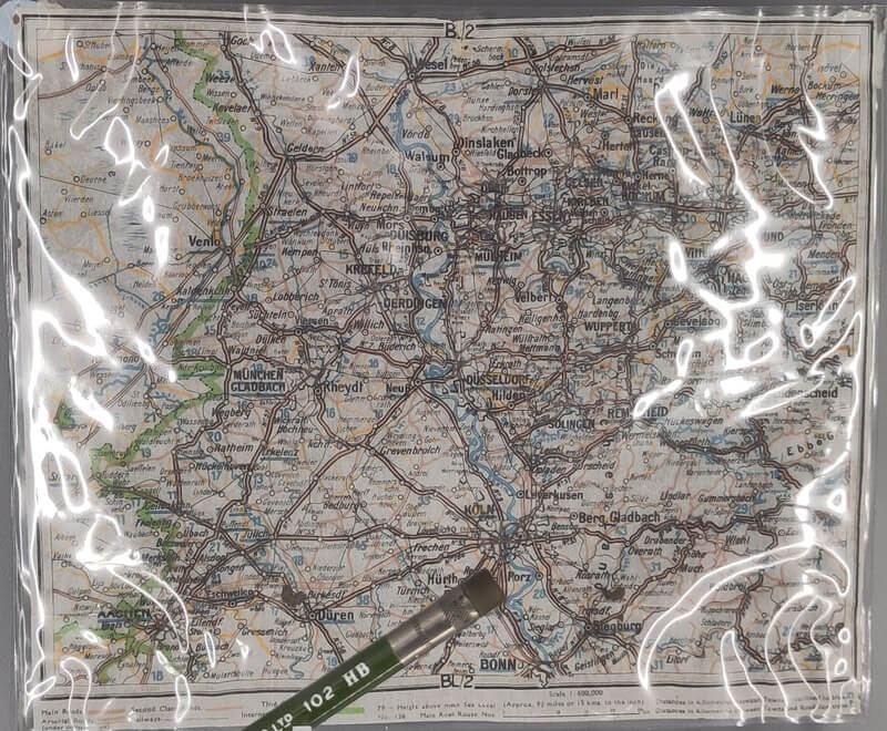 Photo of an escape map, as used in the escape pencils. It covers the area around Dusselldorf.