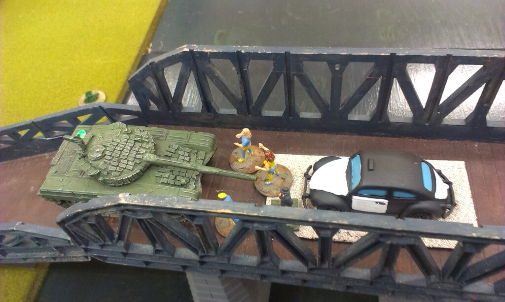 A Russian tank meets Bubi Three, Andreivia's entry to the Eurovision Song Contest